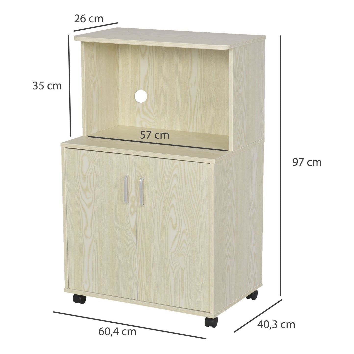 HOMCOM Kitchen Storage Unit, Modern Microwave Stand Trolley Cart, Sideboard with Cabinet, Locking Wheels, Shelf for Living Room, Dining Room, Oak Tone