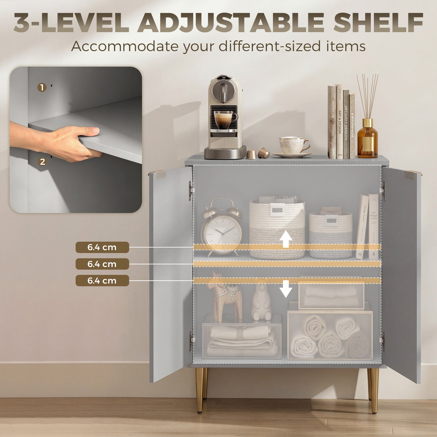 HOMCOM Sideboard Buffet Cabinet, Modern Kitchen Storage Cabinet with Adjustable Shelf and Metal Legs, Grey