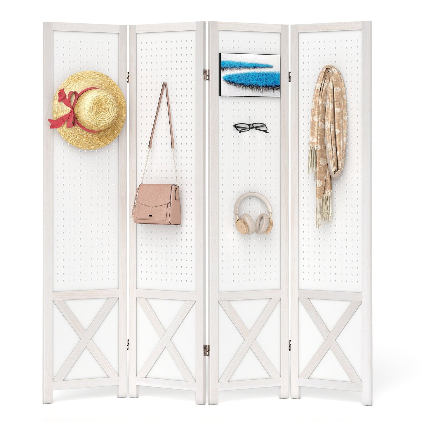 4-Panel Pegboard Room Divider with Solid Wood Frame and Metal Hinges