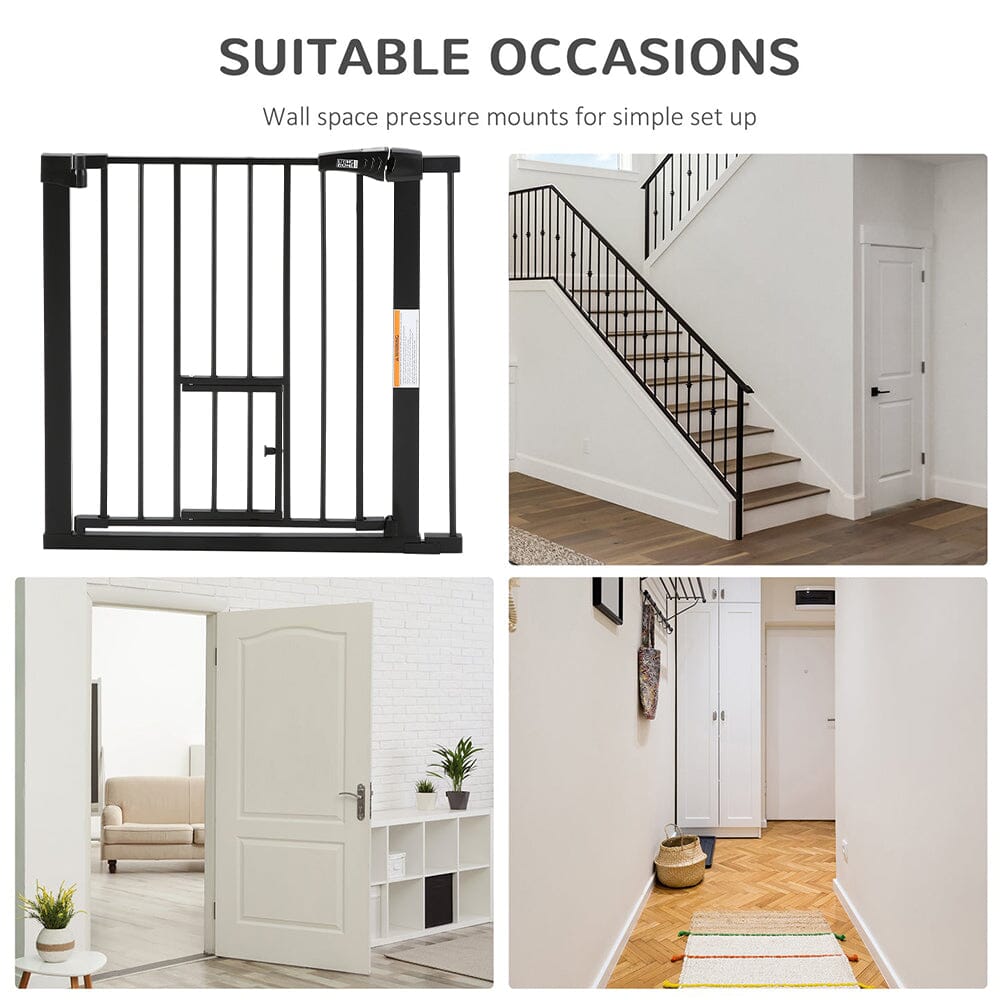 Pet Safety Gate Stair Pressure Fit with Lockable Cat Flap