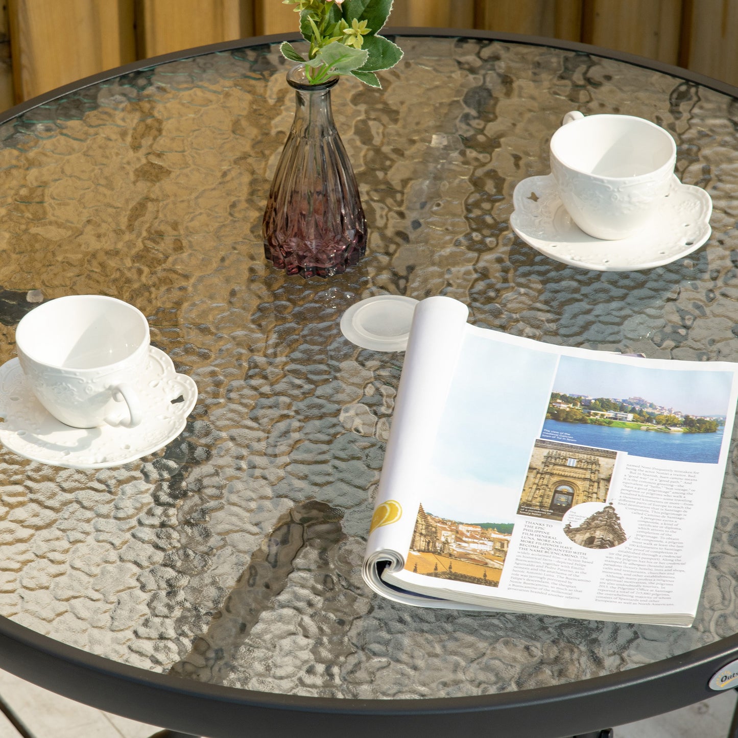 Outsunny Outdoor √è‚Ć80cm okrągły stół jadalny ze szklanym blatem hartowanym, stalową ramą, stolik kawowy Bistro, boczny stolik ogrodowy z otworem na parasol