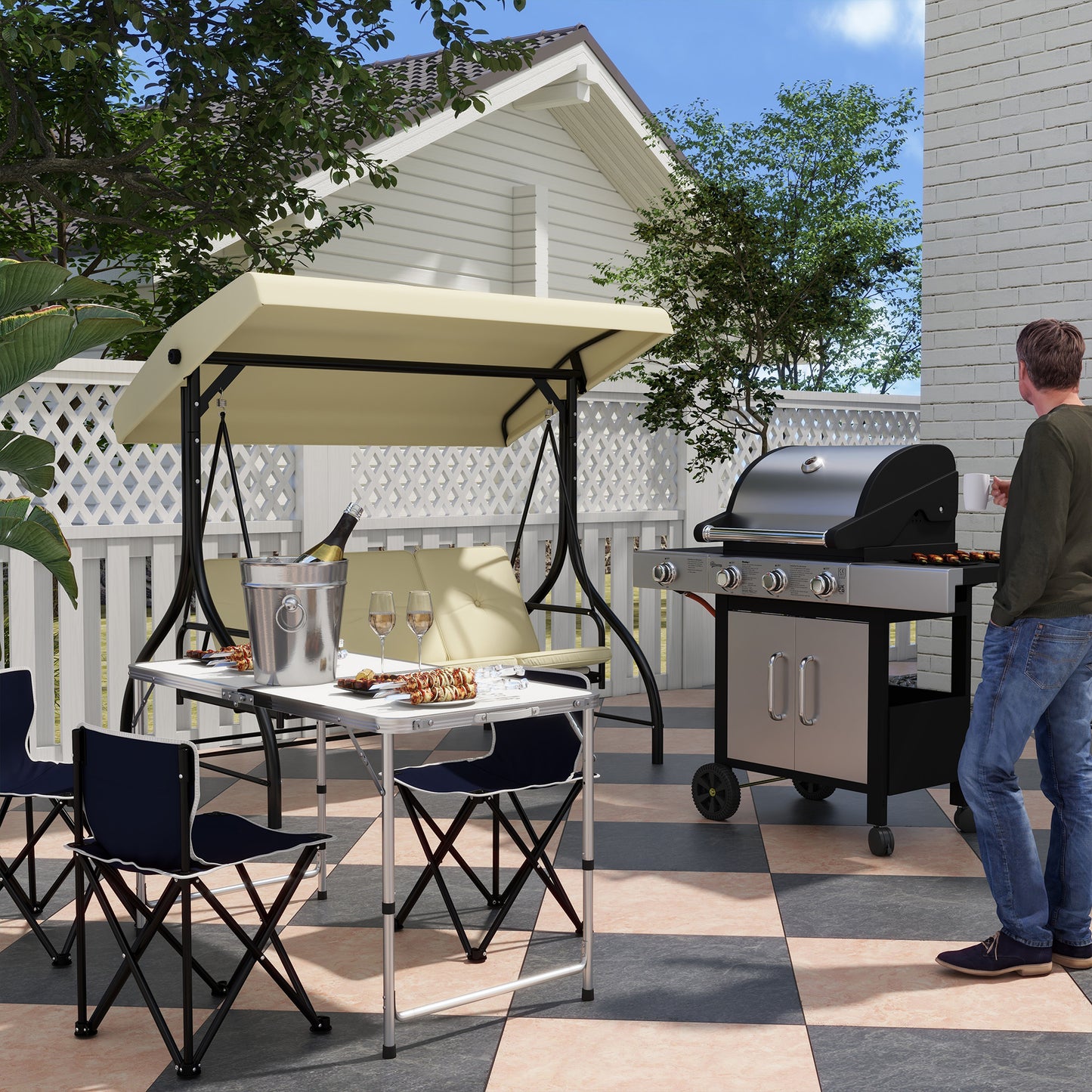 Grill gazowy Outsunny 3+1 palnik, wędzarnia ogrodowa, wózek do grillowania z bocznym palnikiem, półka grzewcza, boczne półki, szafka do przechowywania, termometr z zapłonem piezoelektrycznym, stal nierdzewna + metal