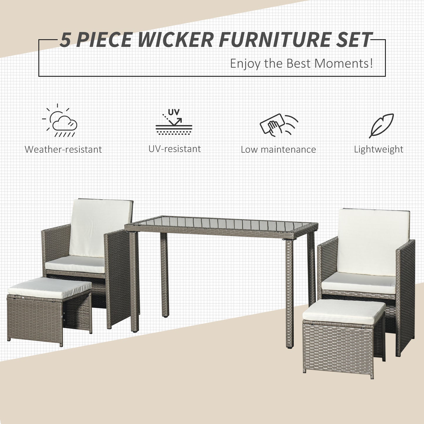 Zestaw mebli ogrodowych Outsunny 2 Seater Rattan Cube, zestaw jadalny z rattanu z poduszkami, stół jadalny i krzesła do użytku na zewnątrz z 2 fotelami, 2 stołkami, prostokątny szklany blat stołu na patio, balkon, szary