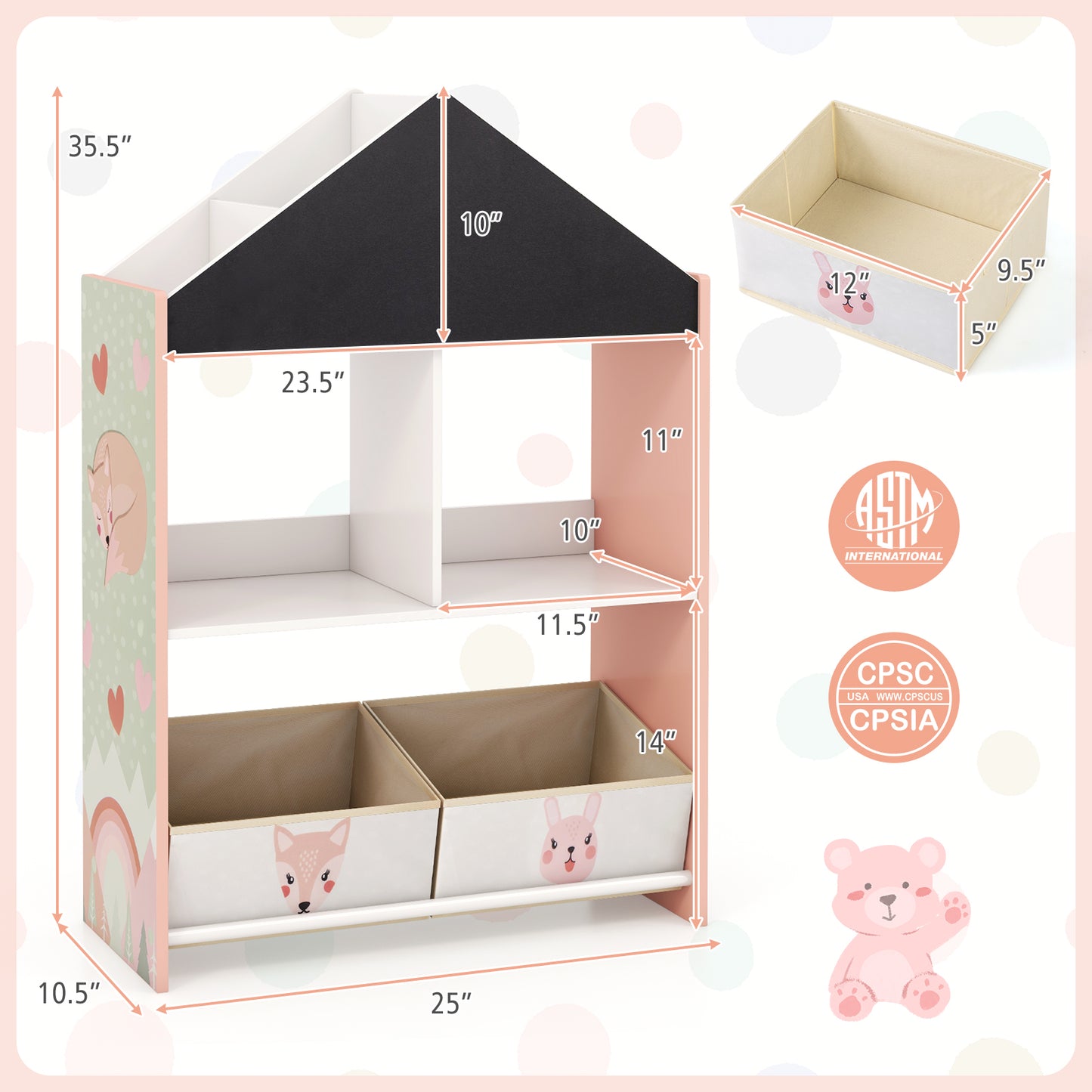 Playhouse Kids Bookshelf with Writable Chalkboard and Whiteboard-Pink