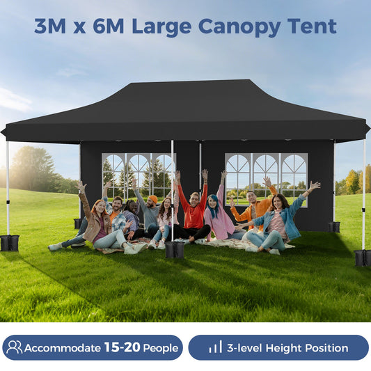 Pop-up Canopy Tent with 6 Detachable Sidewalls and Carrying Bag-Black