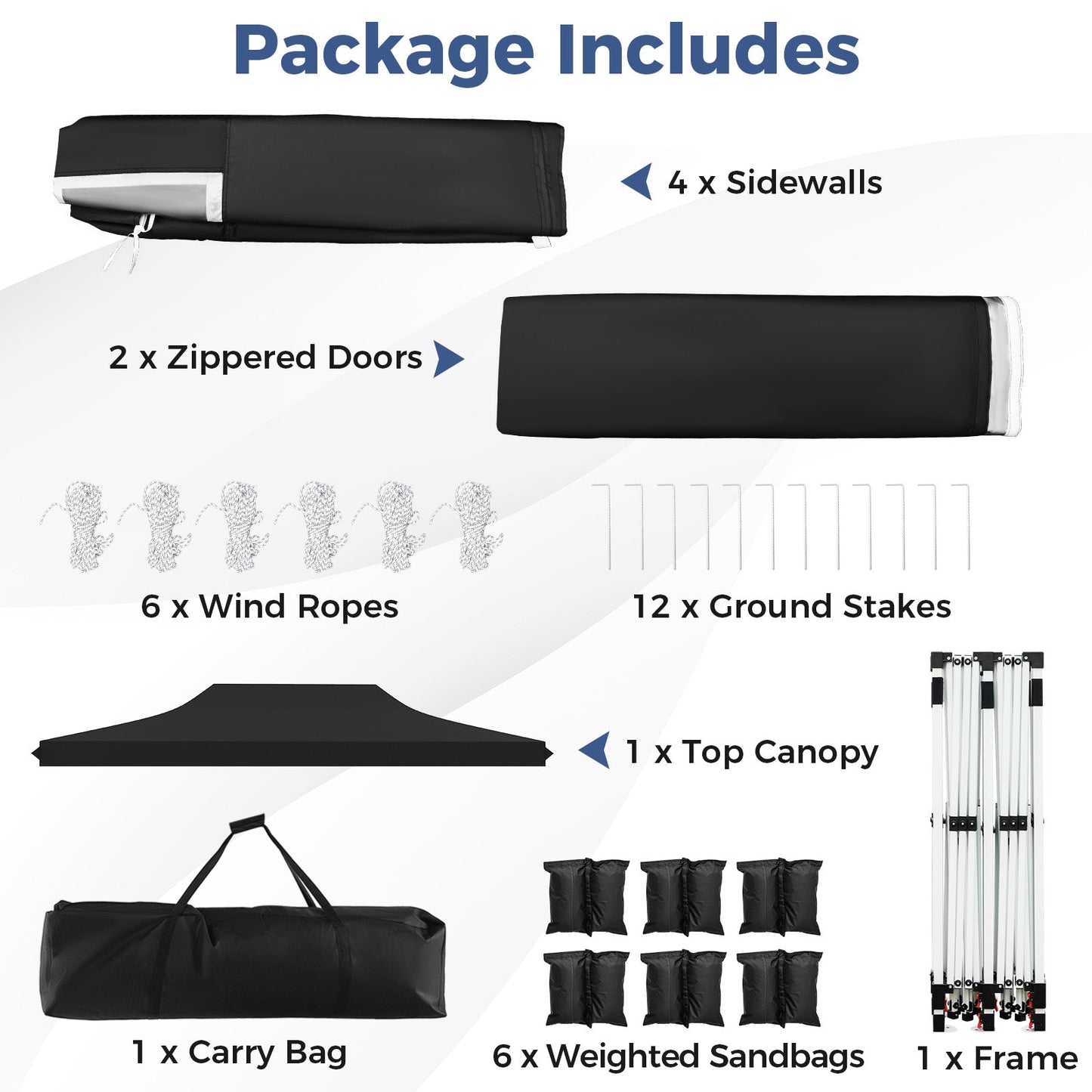 Pop-up Canopy Tent with 6 Detachable Sidewalls and Carrying Bag-Black