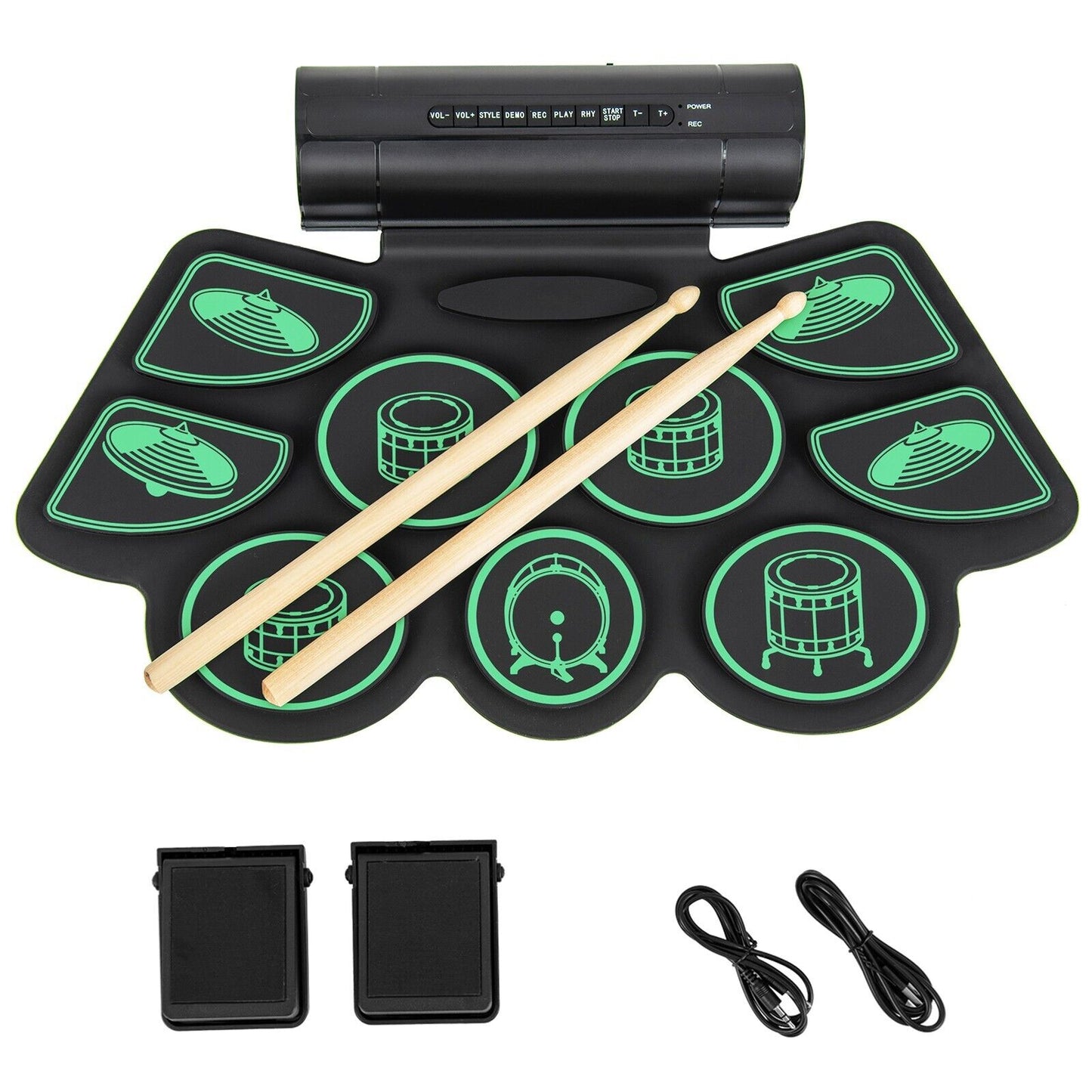 Portable 9 Pads Electric Drum Set with USB and MP3 Port-Green