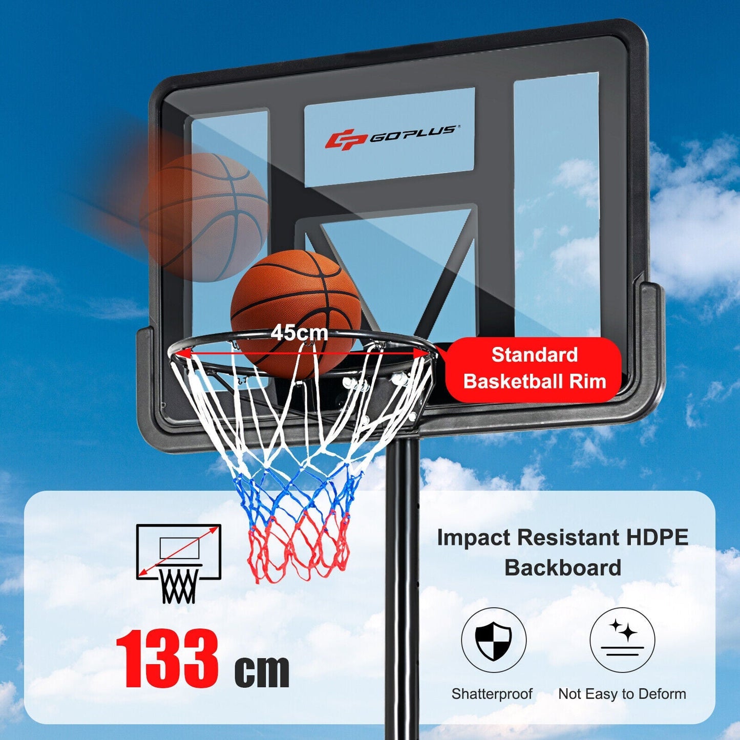Portable Basketball Hoop with 1.35-3.05m Adjustable Height