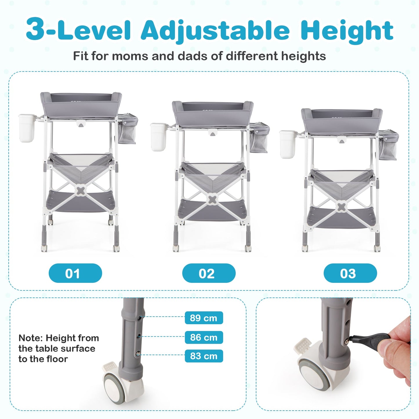 Foldable Baby Changing Table with Wheels and Adjustable Height-Grey