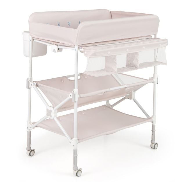 Portable Foldable Waterproof Diaper Changing Table with Wheels-Beige