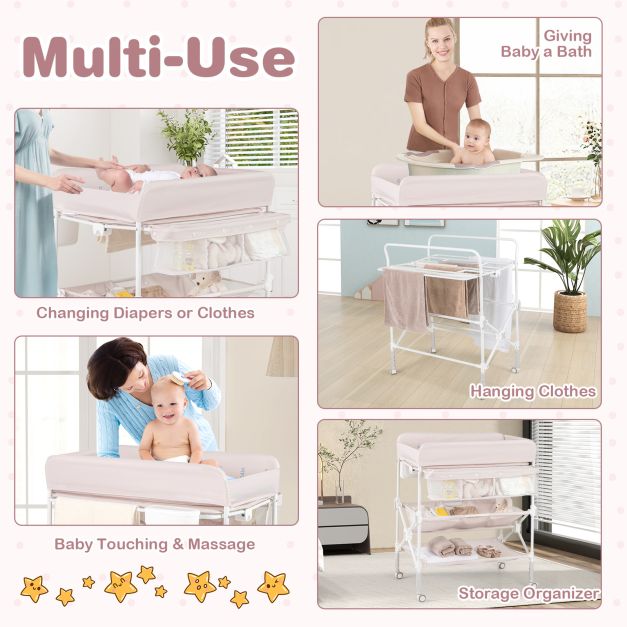 Portable Foldable Waterproof Diaper Changing Table with Wheels-Beige