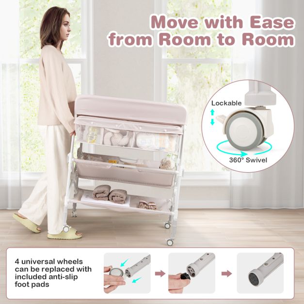 Portable Foldable Waterproof Diaper Changing Table with Wheels-Beige