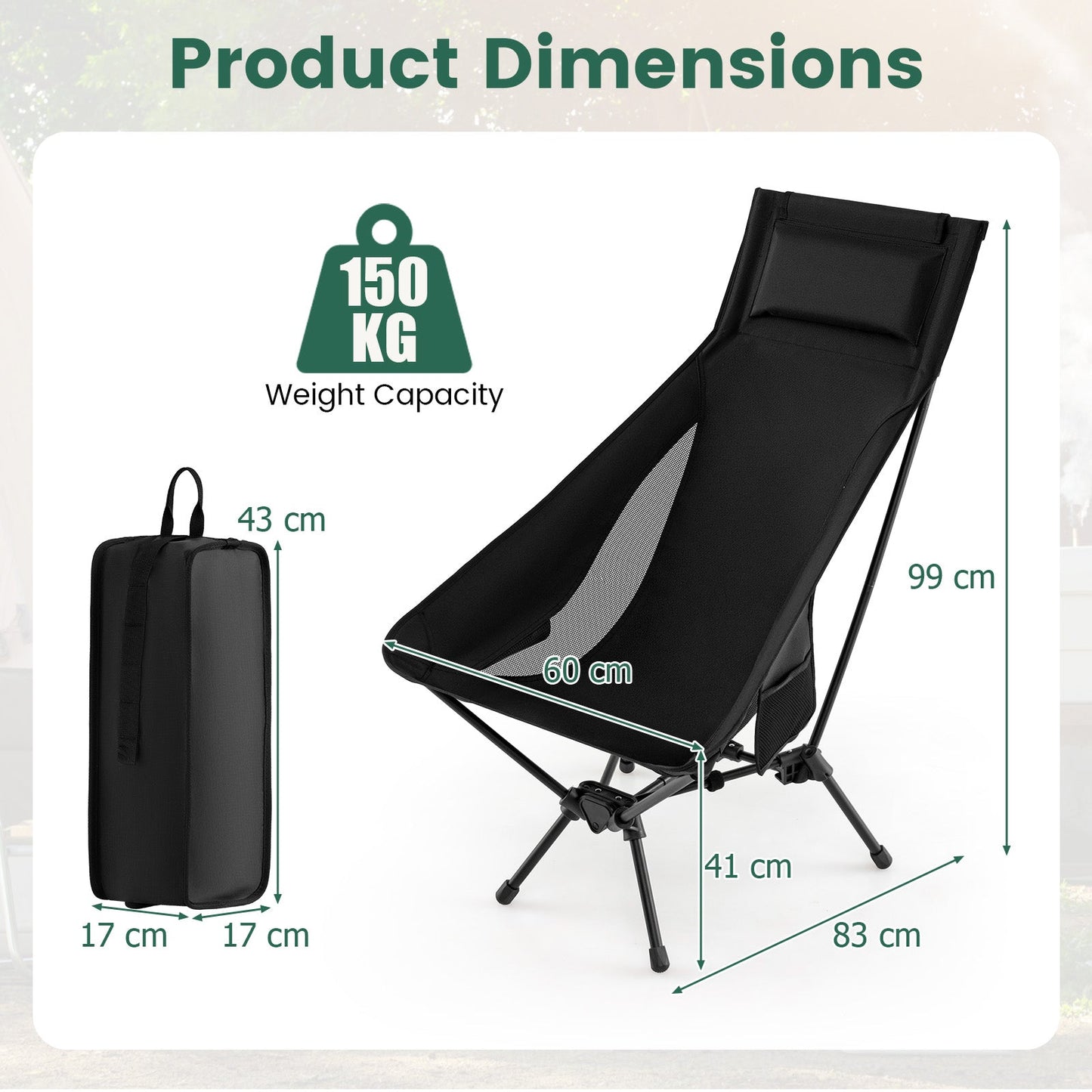 Portable Camping Chair High Back Ultra-Lightweight Foldable Backpacking Chair-Black