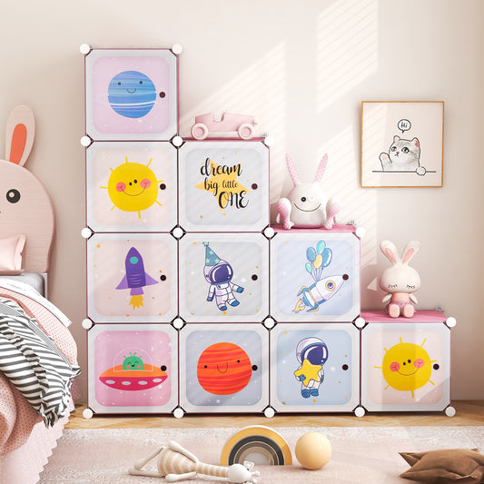 Portable Children Wardrobe with 12 Cubes and 2 Clothes Hanging Section-Pink