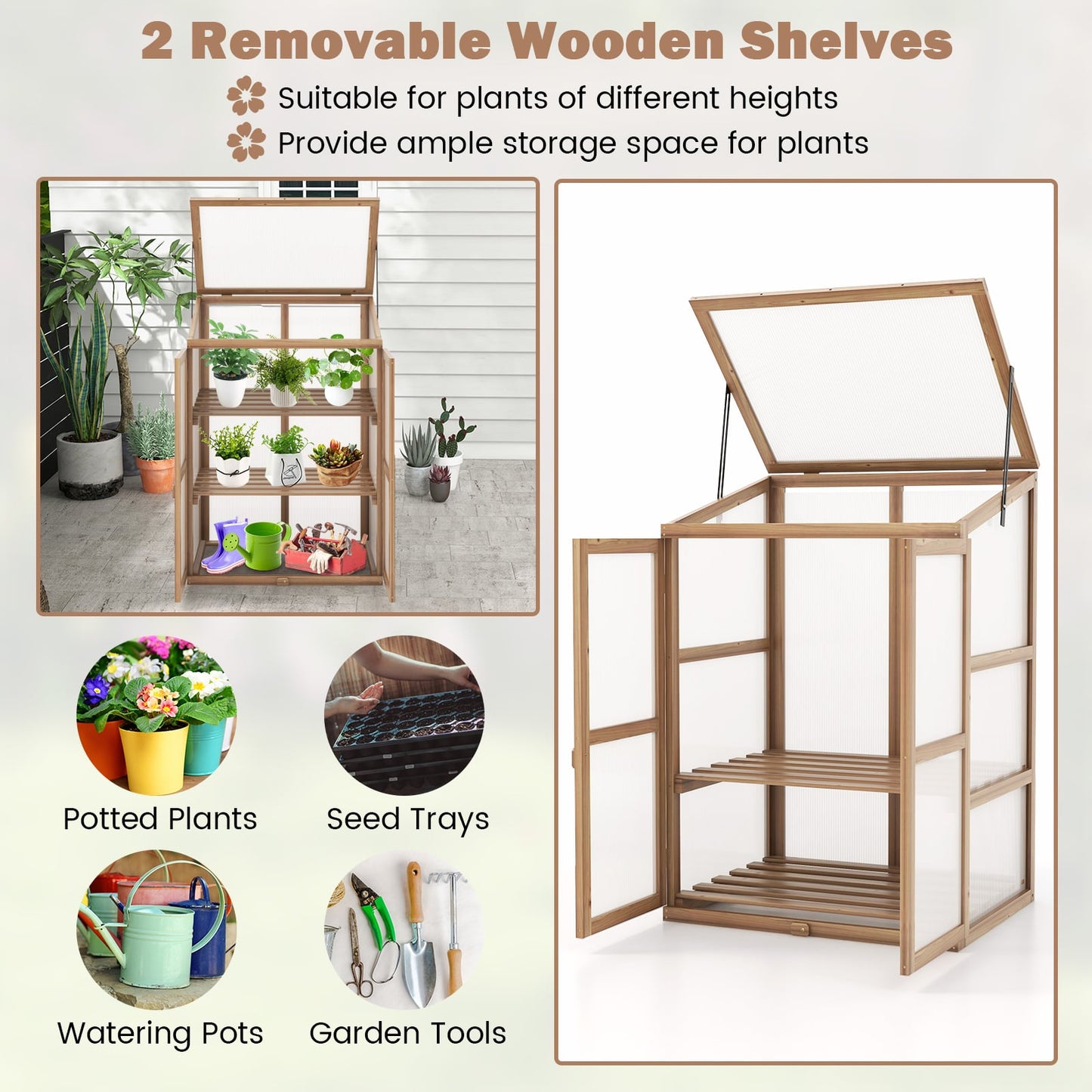 Portable Mini Wooden Greenhouse with 2 Removable Shelves