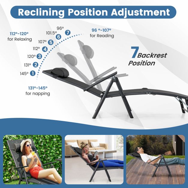 Sun Lounger Garden Lounger with Headrest 7 Adjustable Backrests Black