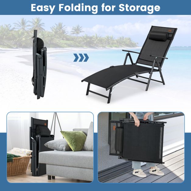 Sun Lounger Garden Lounger with Headrest 7 Adjustable Backrests Black