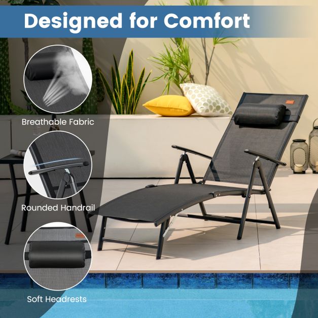 Sun Lounger Garden Lounger with Headrest 7 Adjustable Backrests Black