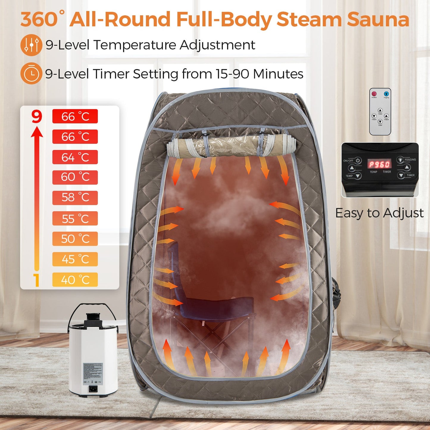 Portable Steam Sauna Tent with 1000W 3L Steam Generator and Chair-Grey