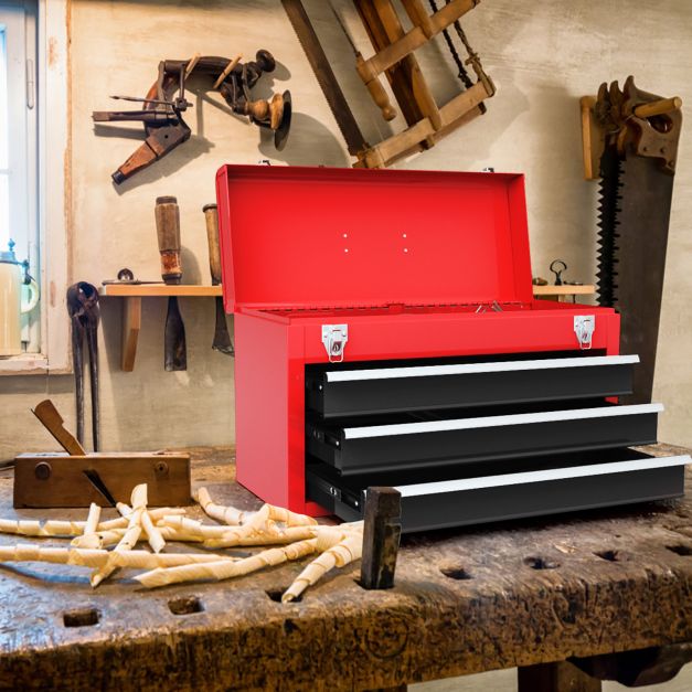 Portable Steel Tool Box with 3 Drawers and Top Storage Tray-Red & Black