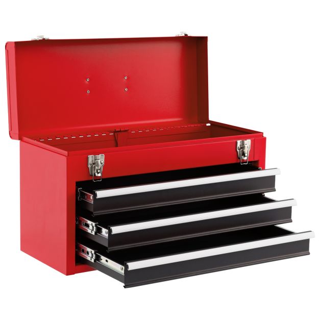 Portable Steel Tool Box with 3 Drawers and Top Storage Tray-Red & Black