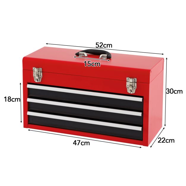 Portable Steel Tool Box with 3 Drawers and Top Storage Tray-Red & Black
