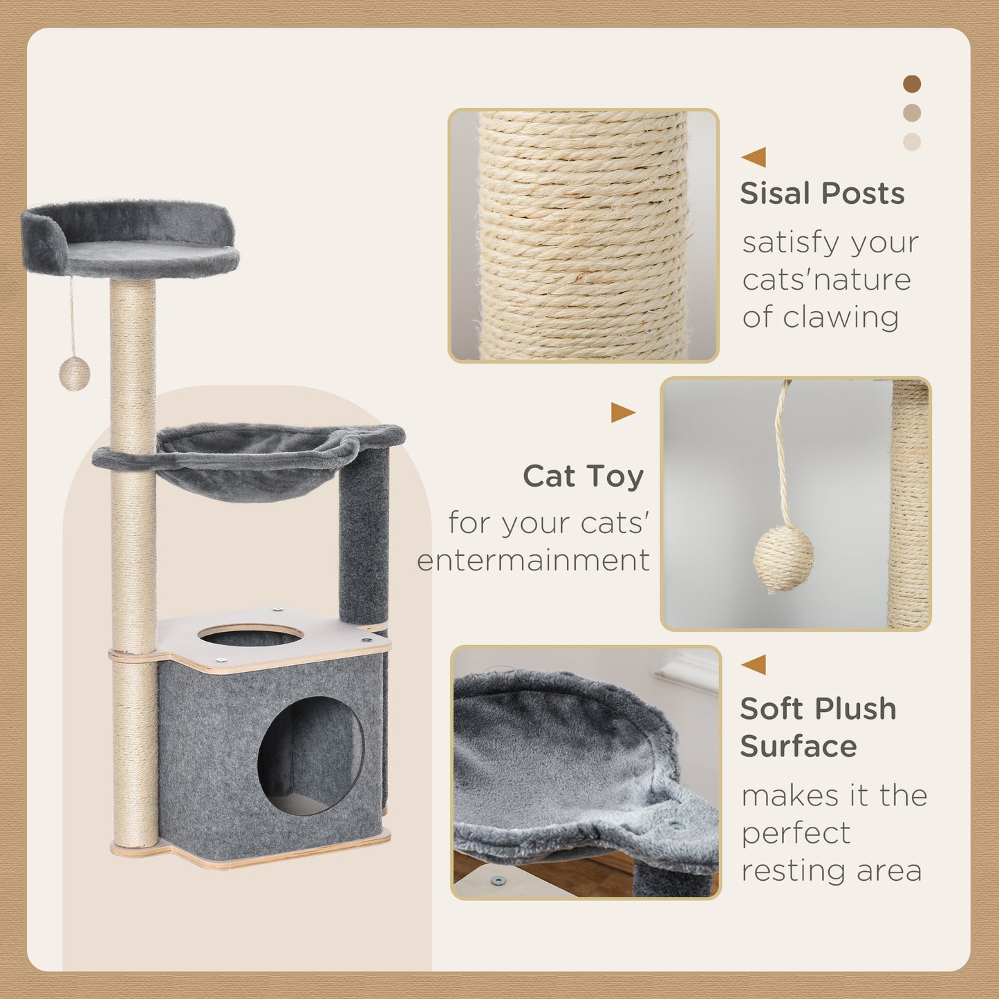 PawHut Cat Tree dla kotów domowych 95 cm wieża wspinaczkowa centrum aktywności dla kociąt z sizalowym słupkiem do drapania grzęda przestronny hamak w mieszkaniu zdejmowana filcowa wisząca zabawka, szary