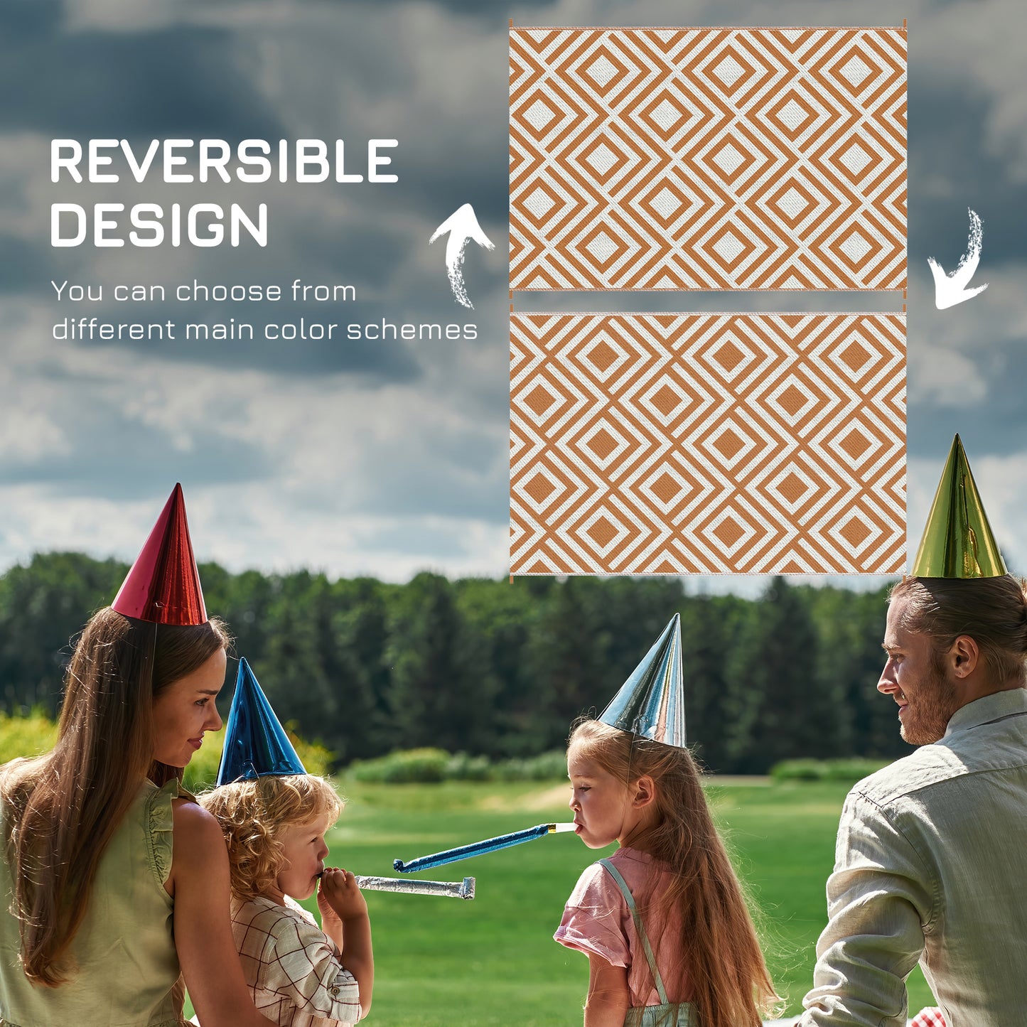 Outsunny Reversible Outdoor Rug, plastikowa mata słomiana z torbą transportową, kołki do mocowania na ziemi, do ogrodu, kempingu, pikniku, plaży, 182x274 cm, brązowy