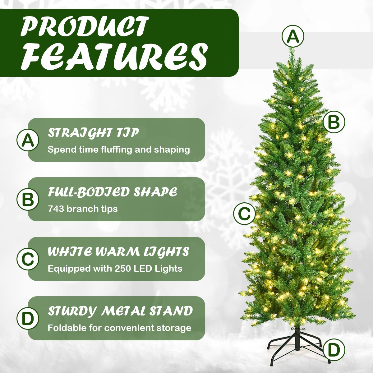 Pre-lit Artificial Pencil Christmas Tree with Warm White UL-listed Lights-6FT