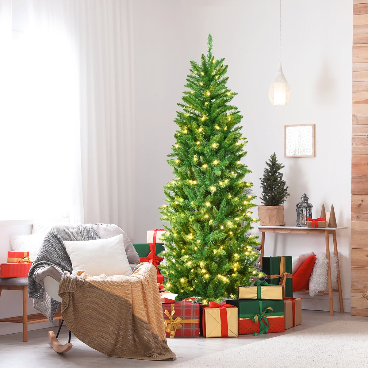 Pre-lit Artificial Pencil Christmas Tree with Warm White UL-listed Lights-6FT
