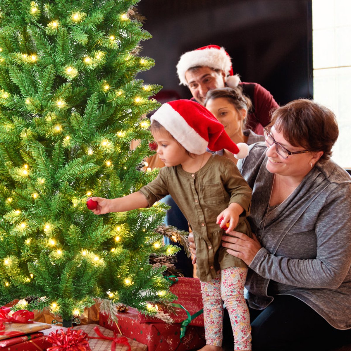 Pre-lit Artificial Pencil Christmas Tree with Warm White UL-listed Lights-6FT