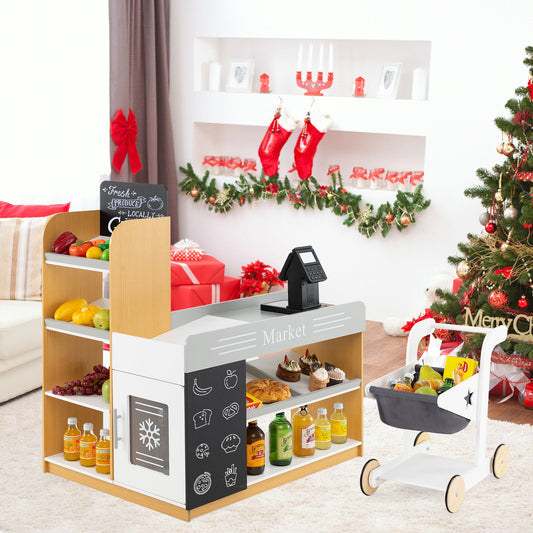 Pretend Play Grocery Store Set with Shopping Cart and 2 Chalkboards-White