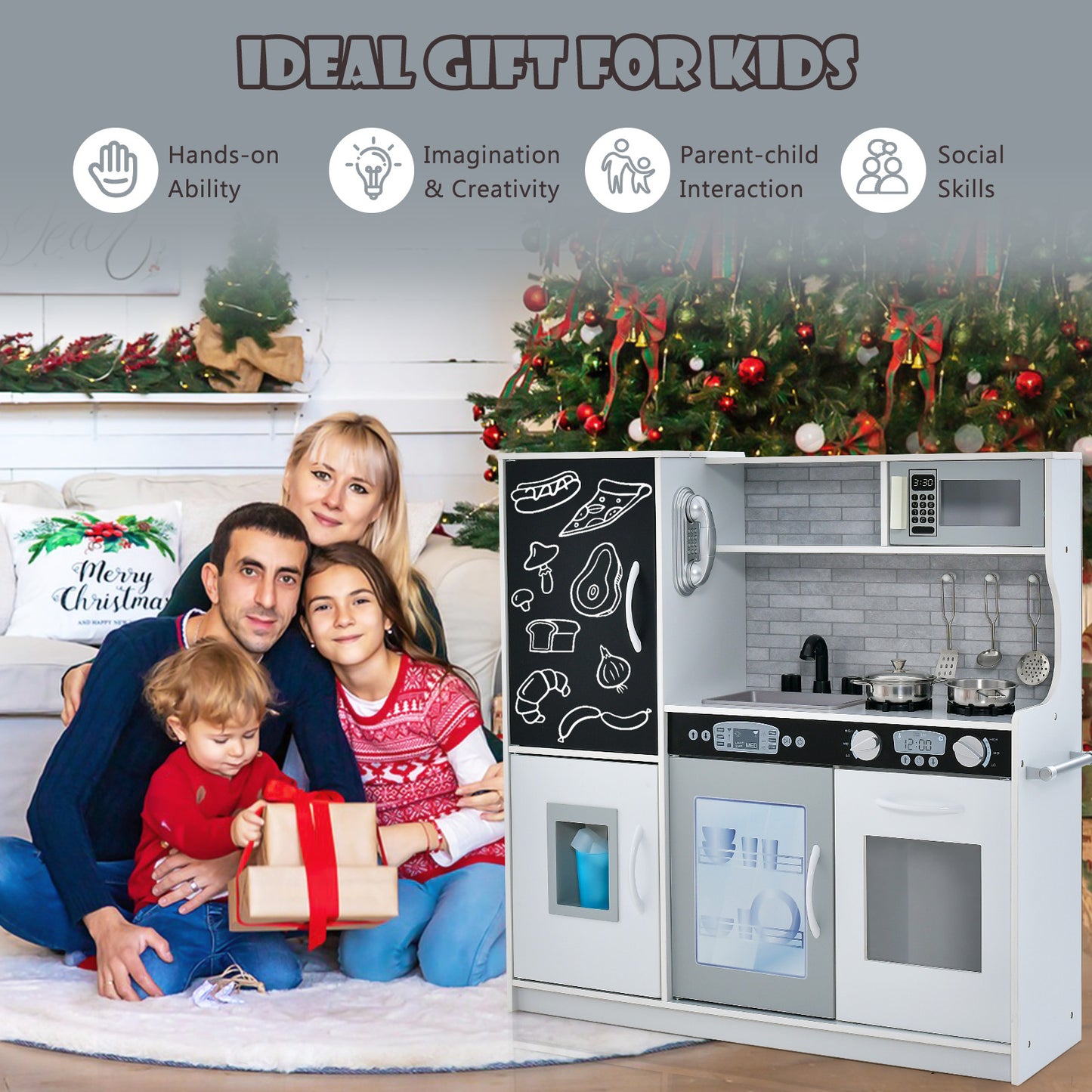 Toddler Pretend Kitchen Playset with Accessories and Simulated Sounds-White