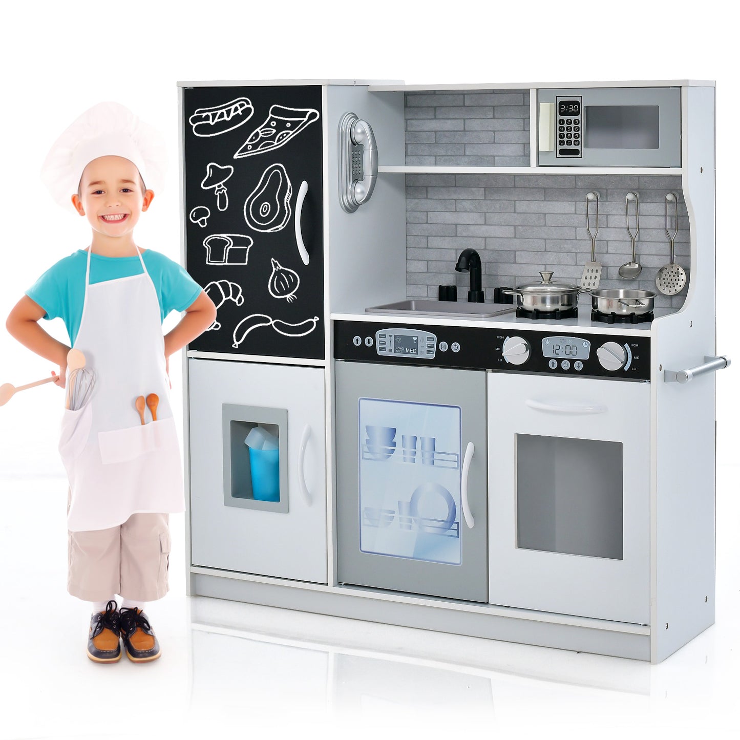 Toddler Pretend Kitchen Playset with Accessories and Simulated Sounds-White