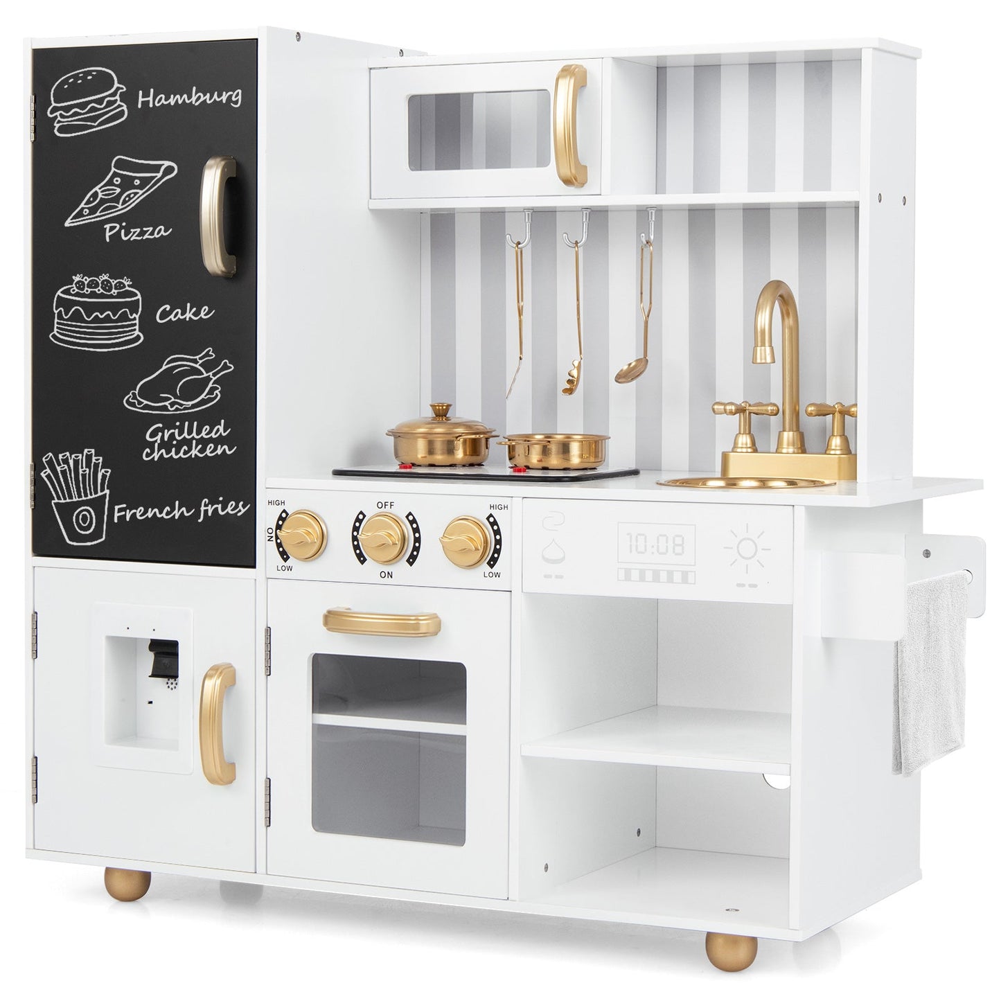 Pretend Play Kitchen Wooden Toy Set for Kids with Utensils-White
