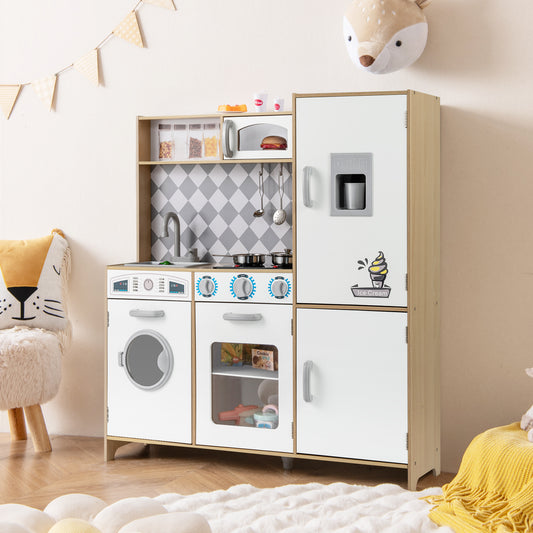 Pretend Play Kitchen with Ice Maker and Cooking Stove for Kids-Natural