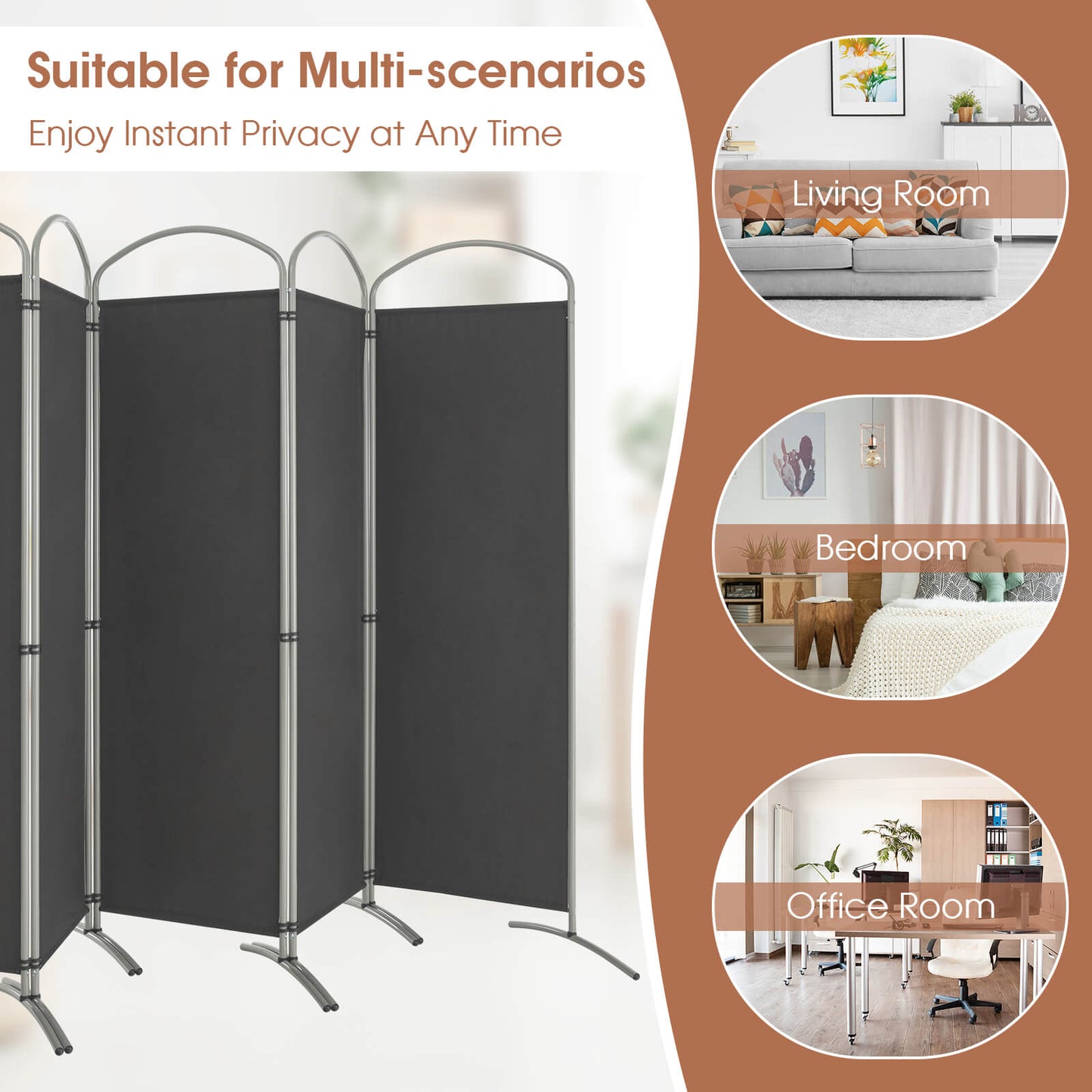 6 Panel Freestanding Folding Room Divider for Home Office-Grey