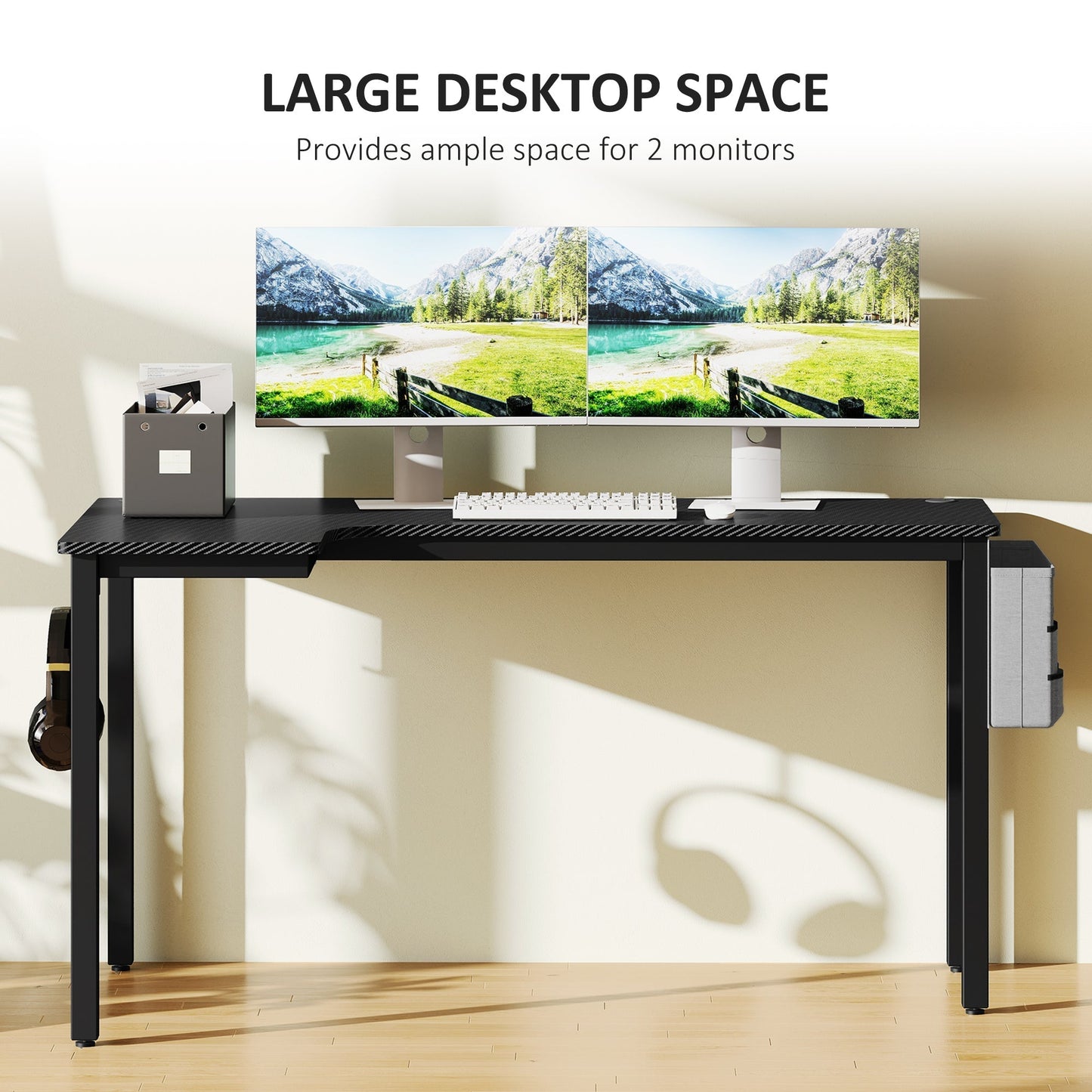 HOMCOM L-Shaped Computer Gaming Desk with Fabric Bag, Hooks and Cable Management, 145 x 81 x 76cm - Black