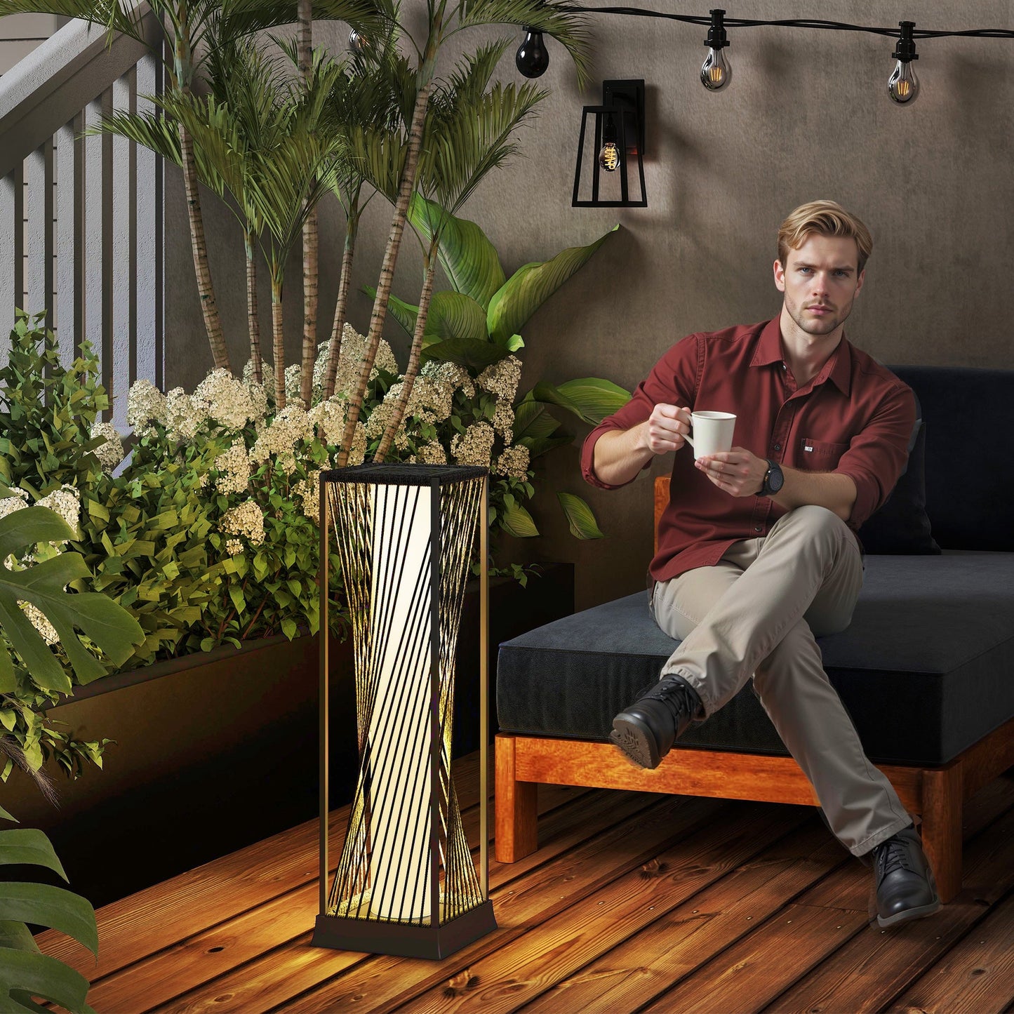 Outsunny Garden Rattan Lamp, 77 cm Tall Solar Rattan Floor Lamp, Solar Garden Light z automatycznym włączaniem/wyłączaniem świateł LED, IP44 Wodoodporny do użytku na zewnątrz, na ganku, ścieżce, tarasie, szary