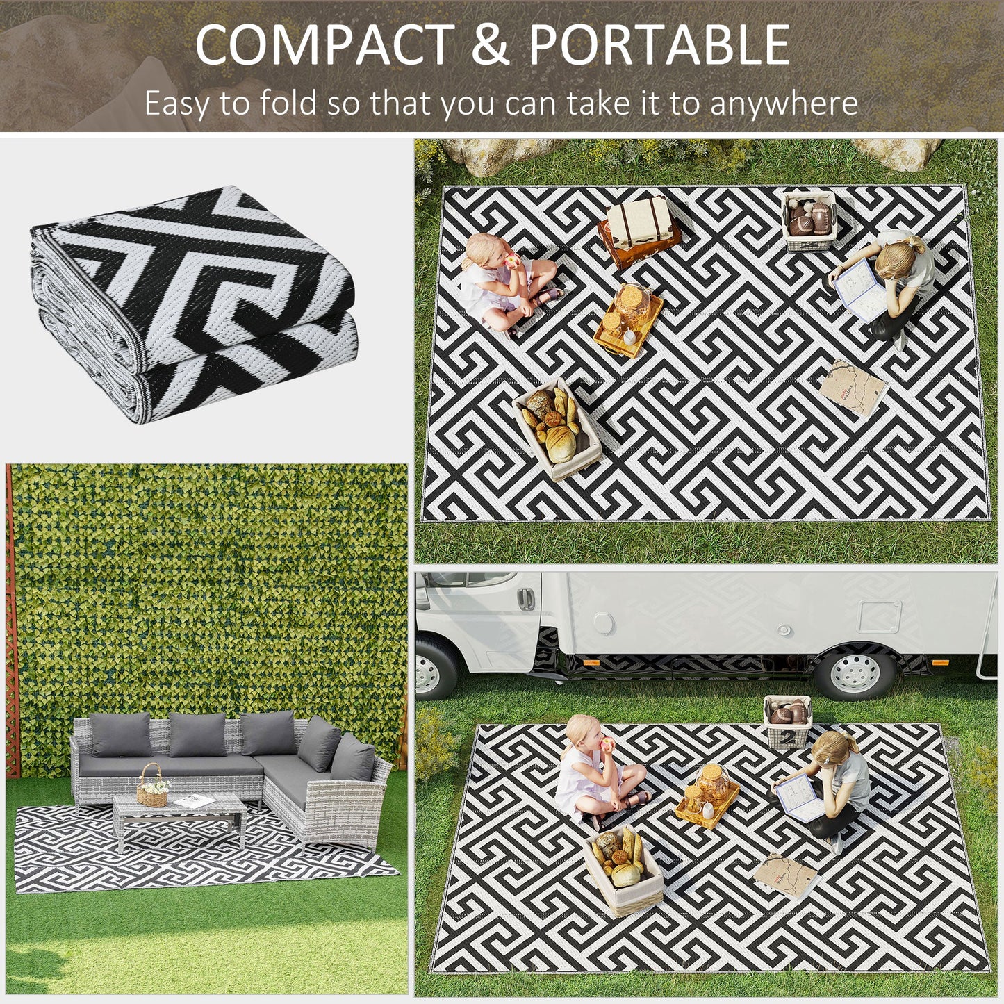 Outsunny 182 x 274 cm (6x9 stóp) Dywan zewnętrzny dwustronny Dywan ze słomy plastikowej Przenośny RV Camping Mata na taras ogrodowy Piknik wewnątrz, czarny i biały