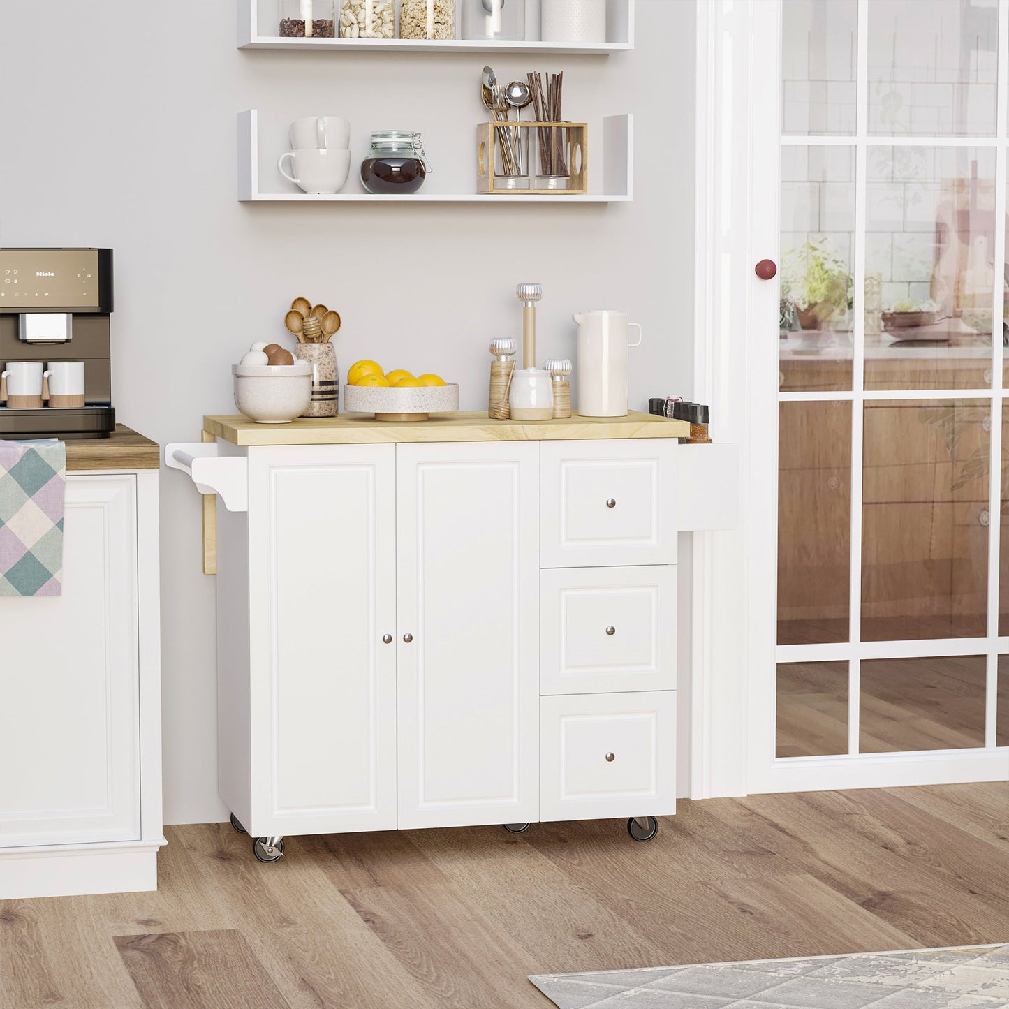 HOMCOM Drop-Leaf Kitchen Island on Wheels Utility Storage Cart with Drawers & Cabinet for Kitchen, Dining & Living Room