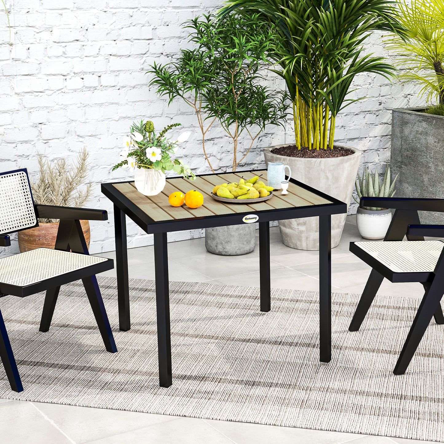 Stół ogrodowy Outsunny Square Garden Dining Table z otworem na parasol 5,4 cm, blatem z listew, metalową ramą, 86 x 86 x 71 cm, brązowy