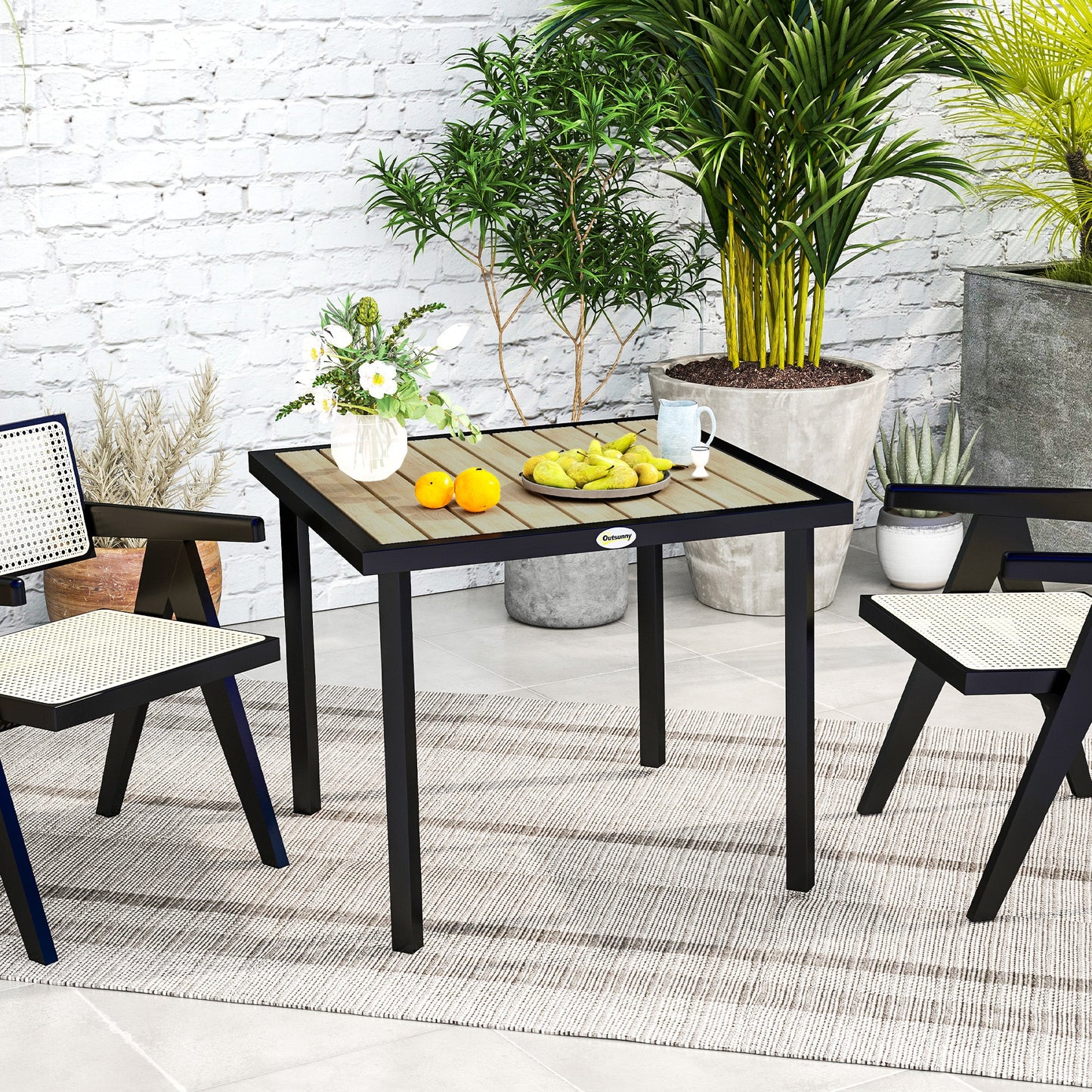 Stół ogrodowy Outsunny Square Garden Dining Table z otworem na parasol 5,4 cm, blatem z listew, metalową ramą, 86 x 86 x 71 cm, brązowy