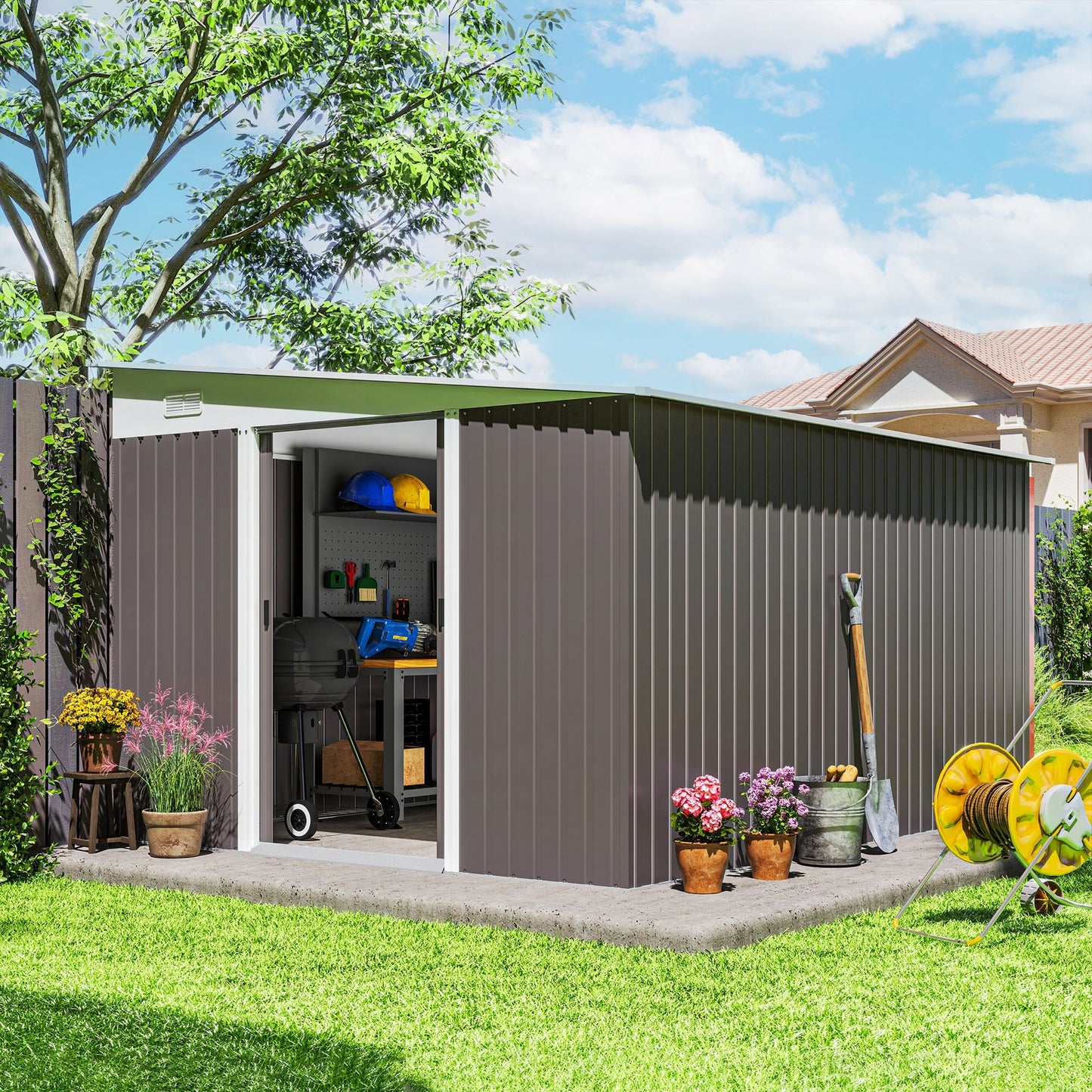 Outsunny 11,3 x 9,2 ft Lean to Metal Garden Shed, zewnętrzny ocynkowany domek do przechowywania narzędzi z podwójnymi drzwiami przesuwnymi i 2 otworami wentylacyjnymi, szary