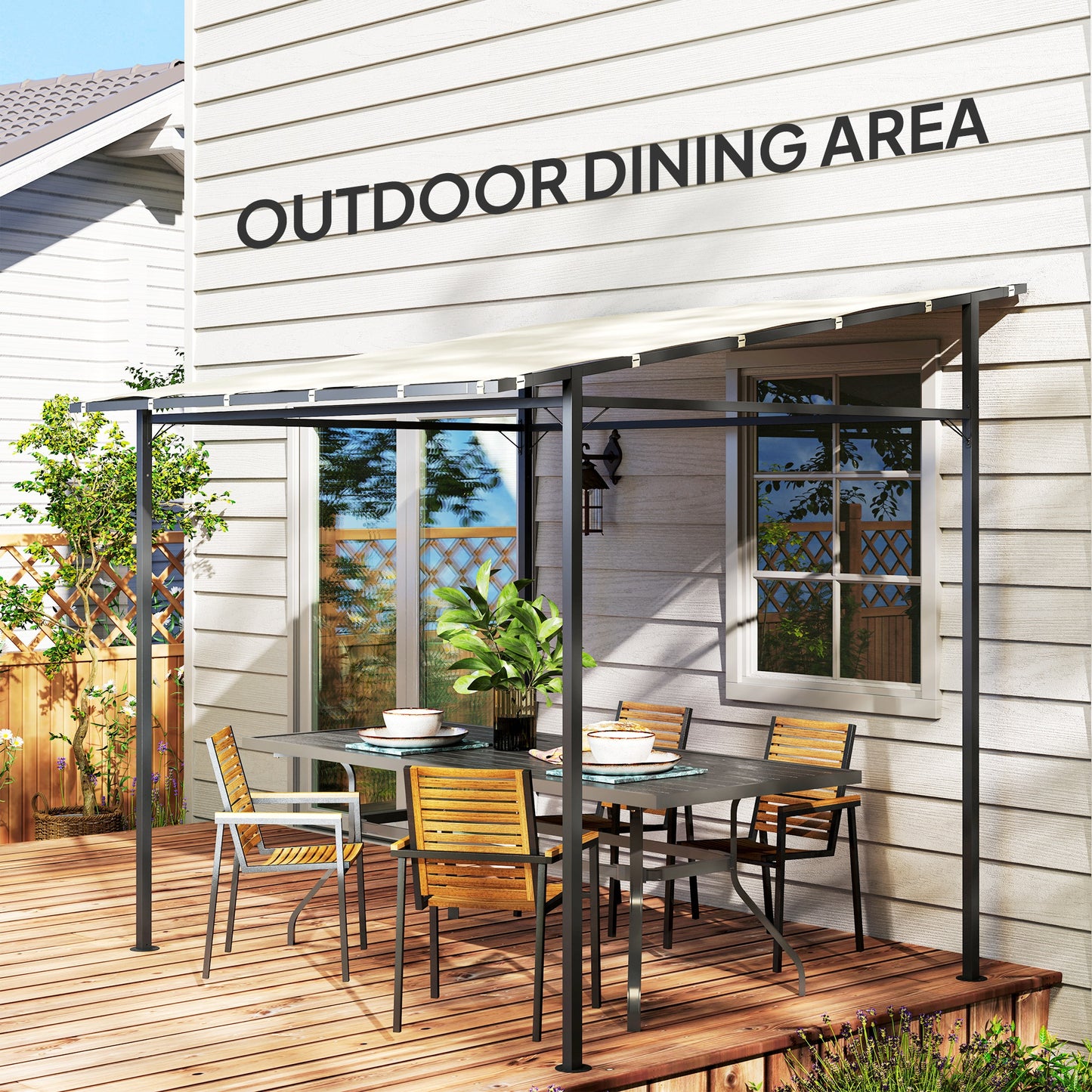 Outsunny 2,4 x 2,4 m Pergola ścienna z powłoką PA i metalową ramą, UPF30+, altana ogrodowa, wiatroodporna zewnętrzna osłona przeciwsłoneczna do ogrodu, tarasu, kremowo-biała