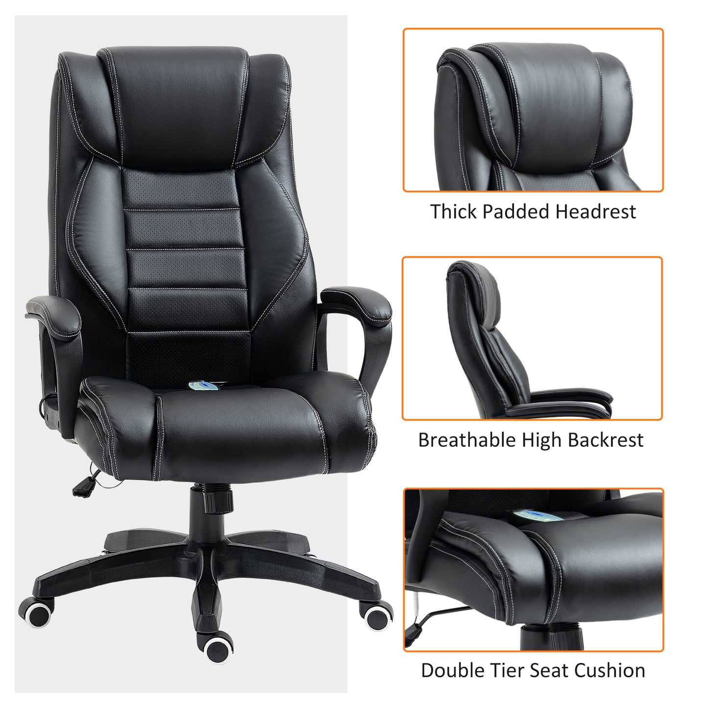 Vinsetto Office Chair with 6-Point Maaage and Back Heat, PU Desk Chair with Padded Seat and Armrest, Computer Chair with Tilt Function for Home, Black