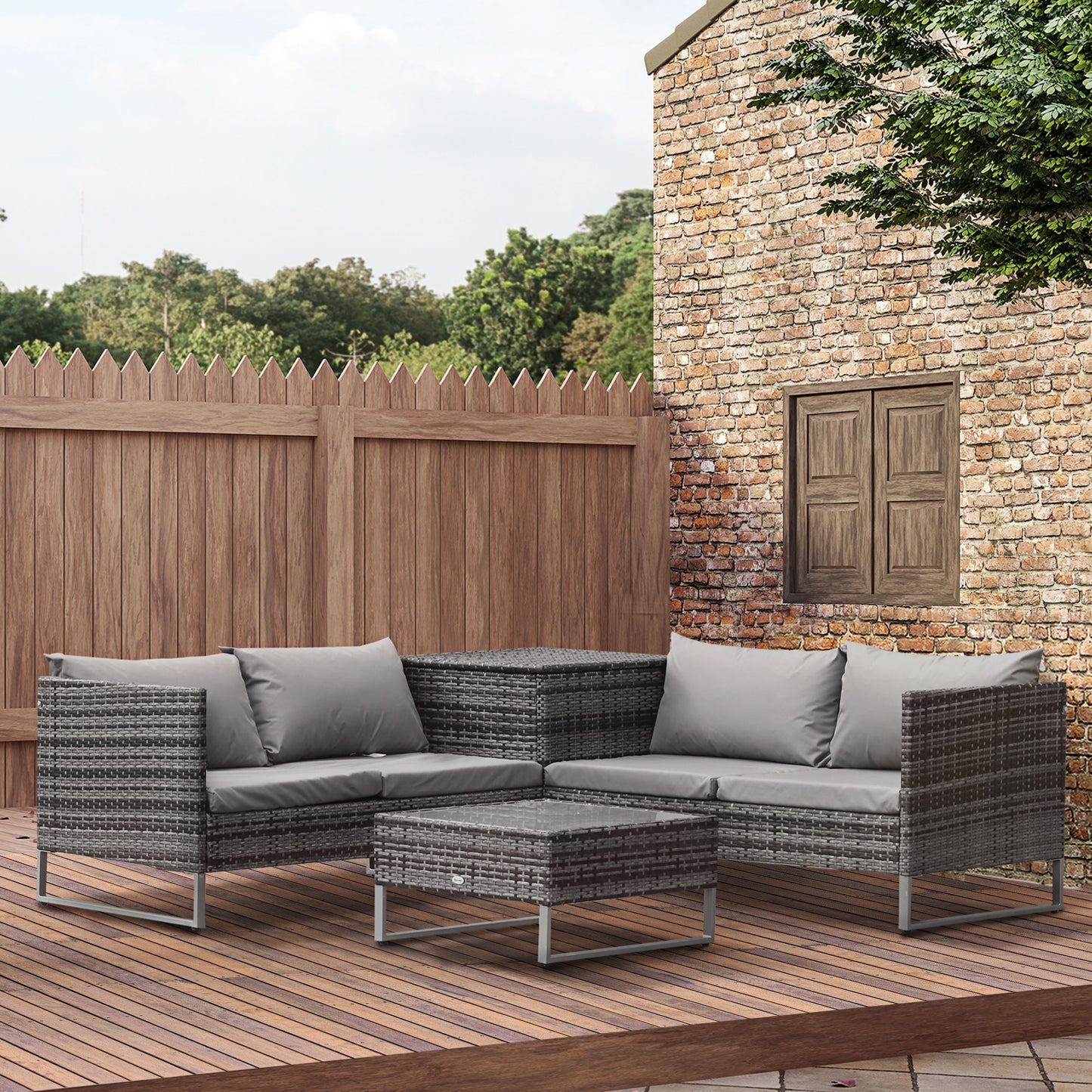 Outsunny 4pc Garden Rattan Wicker Outdoor Furniture Patio Corner Sofa Love Seat and Table Set with Cushions Side Desk Storage, Mixed Grey