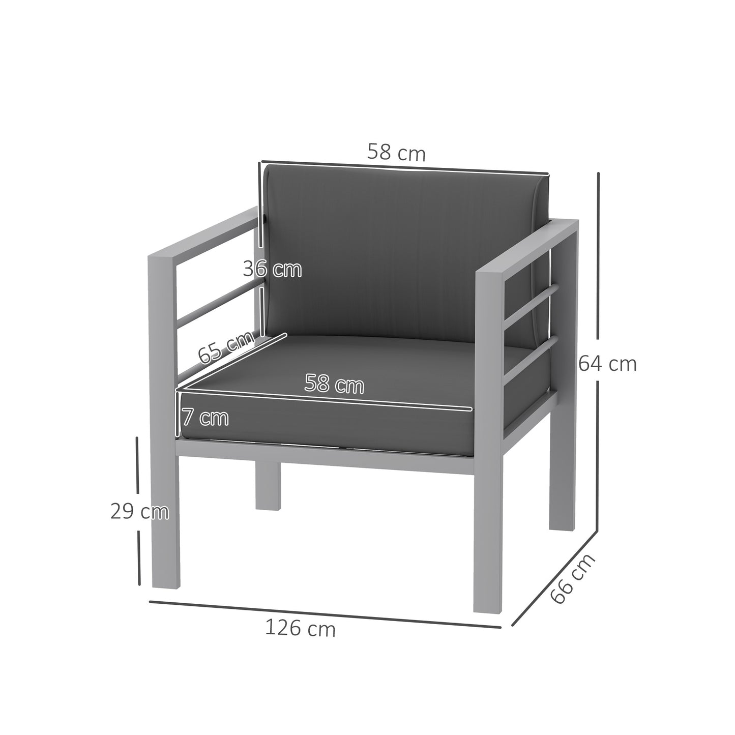 Sofa ogrodowa Outsunny, sofa ogrodowa pojedyncza na każdą pogodę ze zdejmowanymi poduszkami, metalowa rama mebli ogrodowych na balkon, antracyt