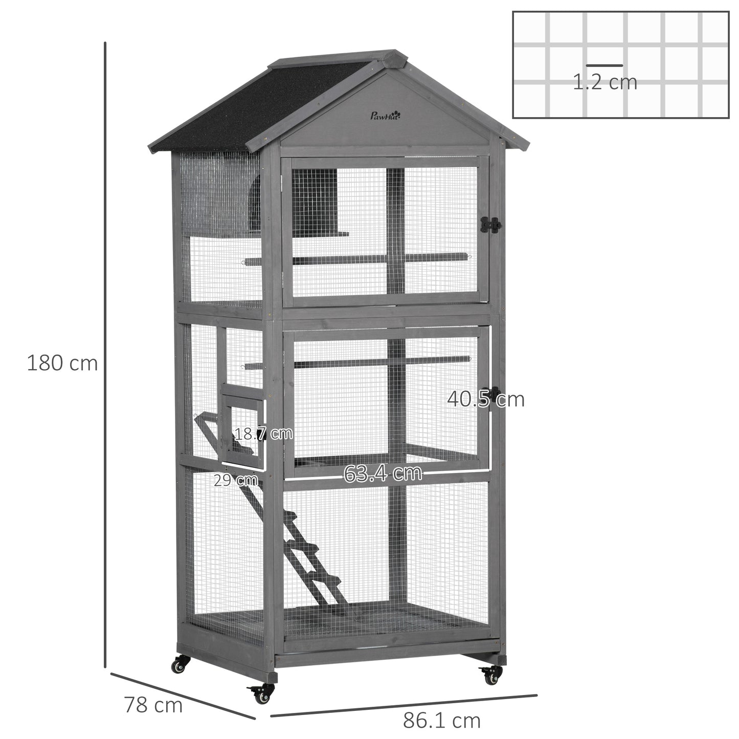 PawHut Bird Cage klatka dla papużek falistych drewniana woliera zewnętrzna z kółkami dla kanarka z dachem asfaltowym grzęda gniazdo drabinka wysuwana tacka, szara