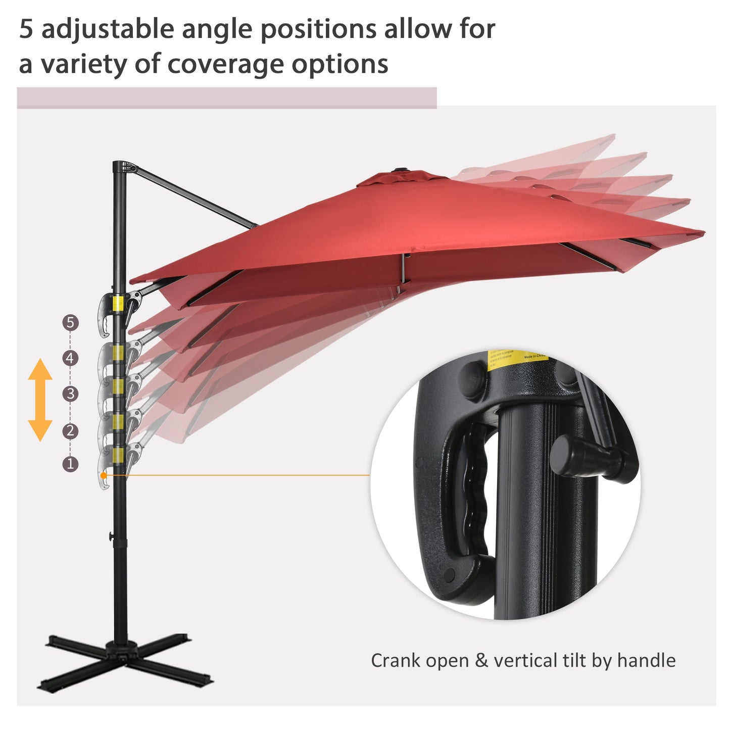 Outsunny 2.5 x 2.5m Patio Offset Parasol Umbrella Cantilever Hanging Aluminium Sun Shade Canopy Shelter 360 Rotation with Crank Handle and Cross Base, Wine Red